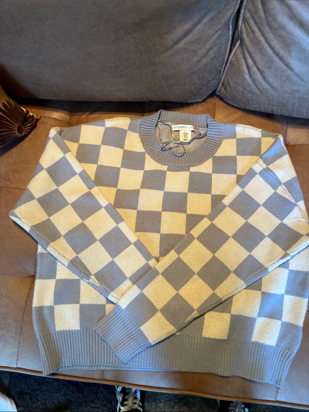 Sincerely Jules Blue and Cream Checkerboard Crewneck Sweater